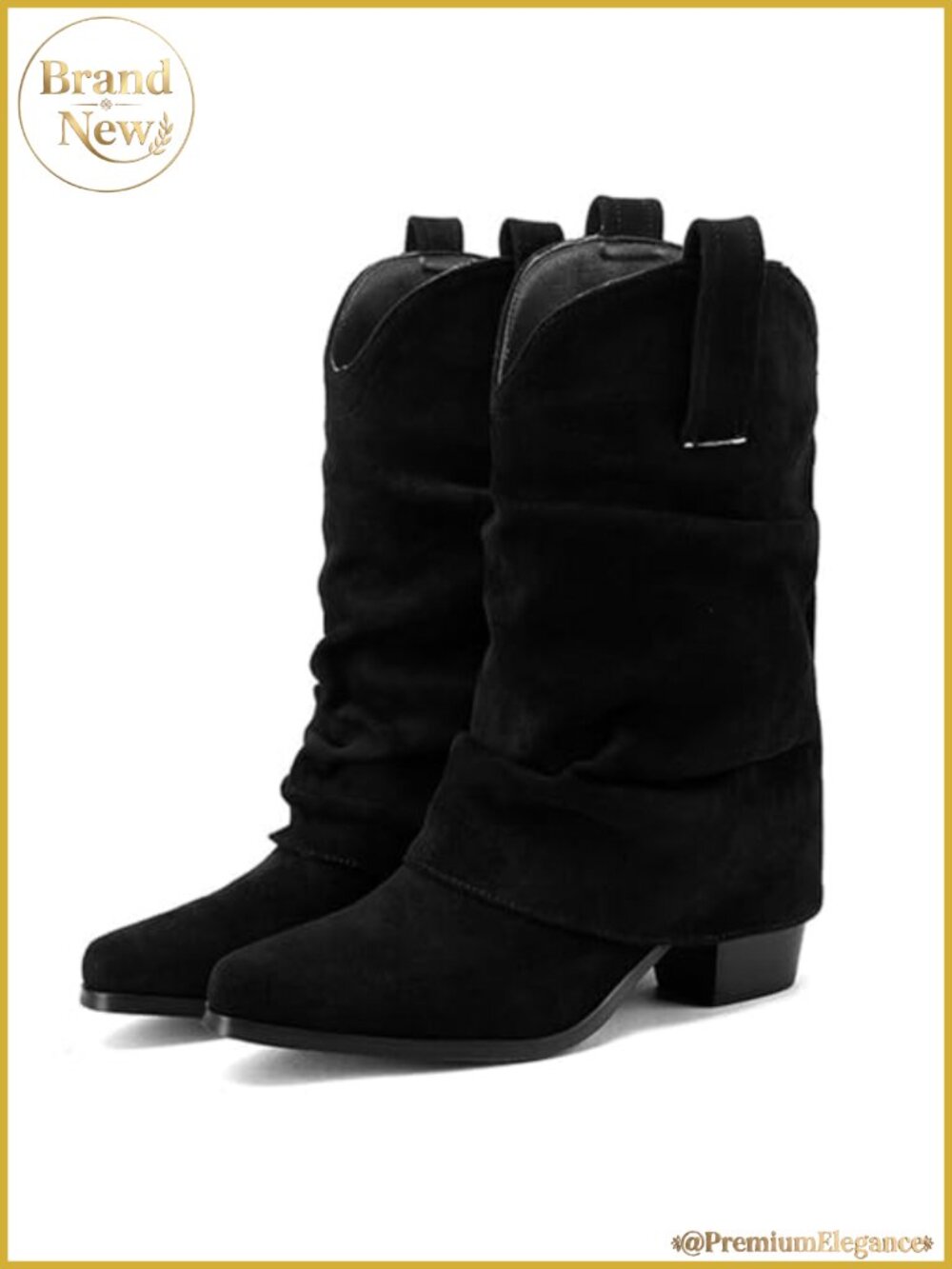 Women's Slouchy Mid Calf Faux Suede Chunky Block Heel Pointed Toe Boots